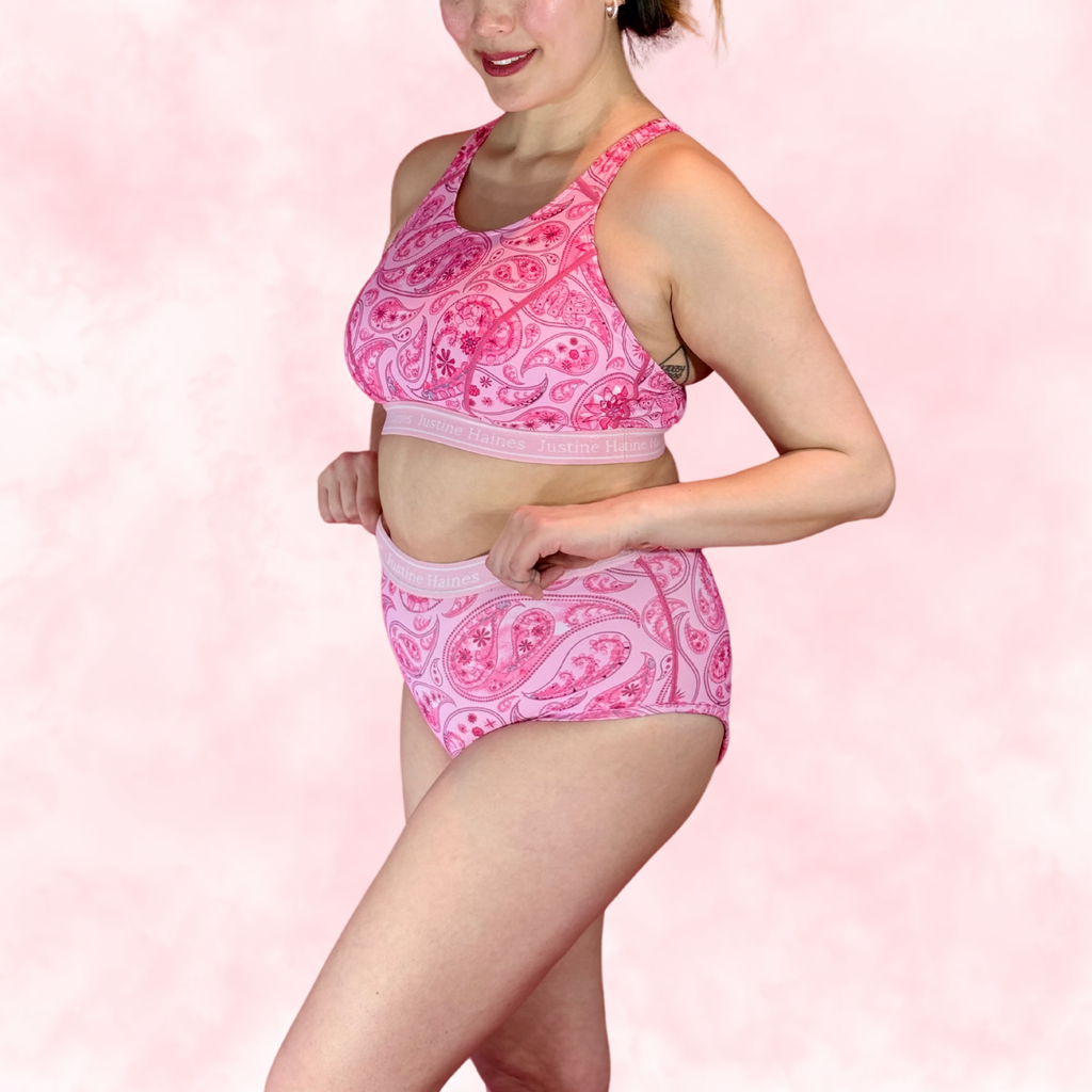 Cheeky Menstruelle Taille Haute Gainante (Brésilienne) 🌸🎀 Pink Paisley 🌸🎀