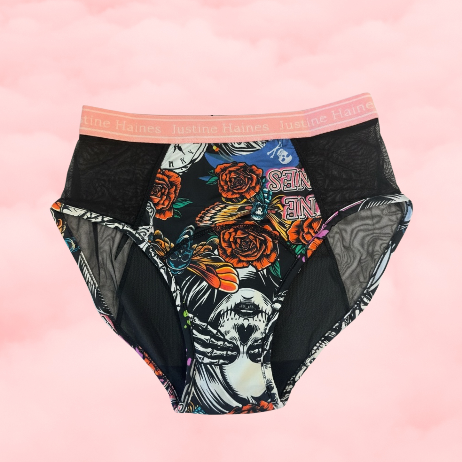 High-Rise Period Undie with MESH Skulls & Roses **M-6XL**