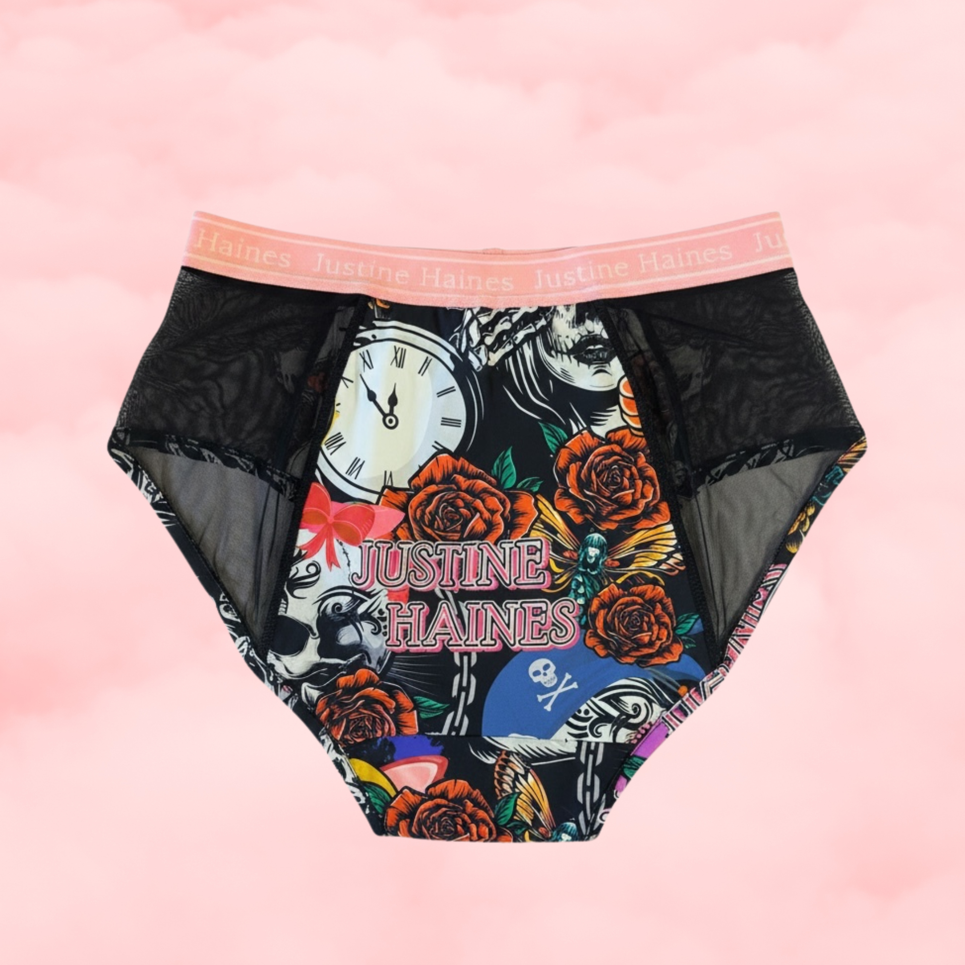 High-Rise Period Undie with MESH Skulls & Roses **M-6XL**