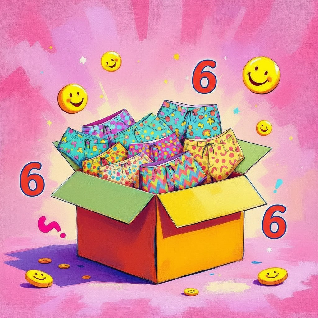 Justine Haines set of 6 colorful patterned menstrual shorts in a cardboard box with smiley face accents