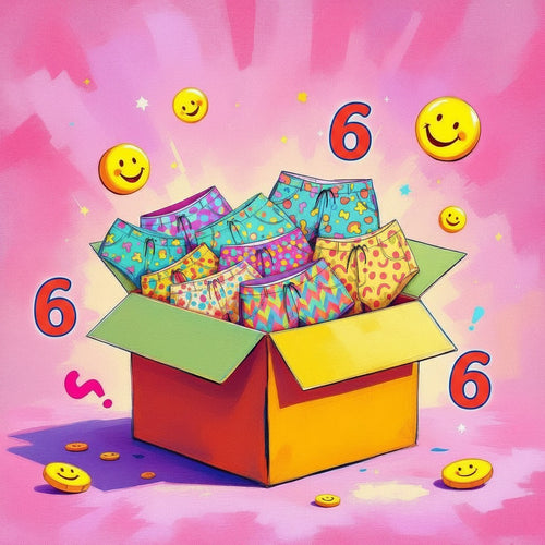 Justine Haines set of 6 colorful patterned menstrual shorts in a cardboard box with smiley face accents