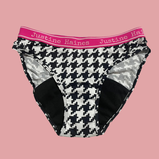 https://www.justinehaines.com/products/adorable-low-rise-fashion-print-period-panties-in-black-white-herringbone